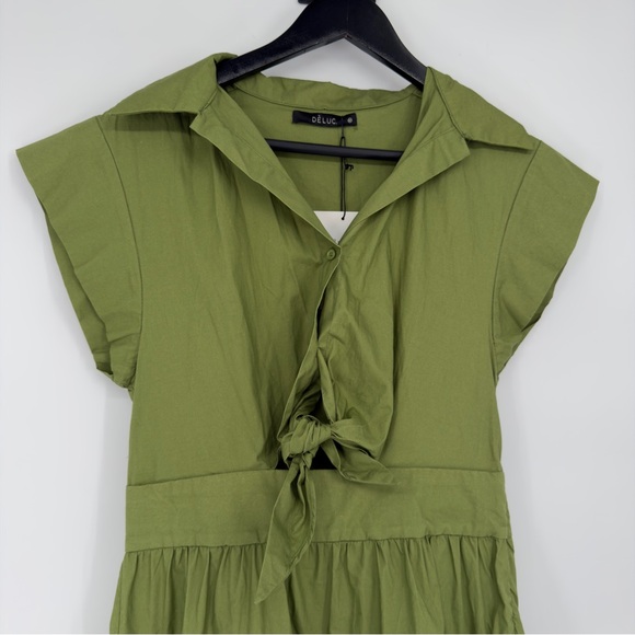 NEW DELUC Green Olive Frilly Mini Tiered Dress Sz Medium - Picture 3 of 7